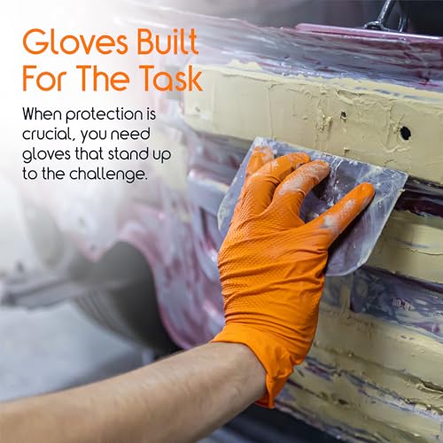 Inspire Heavy Duty Orange Nitrile Gloves | ULTRA 8 Mil Diamond Textured Grip | Industrial Mechanic Disposable Cleaning Gloves - size: Large