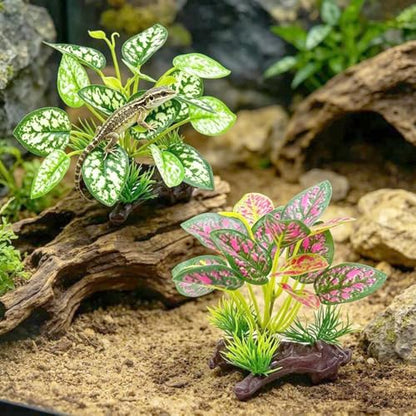 2pcs Reptile Artificial Plants, Terrarium Plants Decorations Supplies, Aquarium Fish Tank Plant, Amphibian Habitat Hideout Tank Accessories (White + Red Leaves)