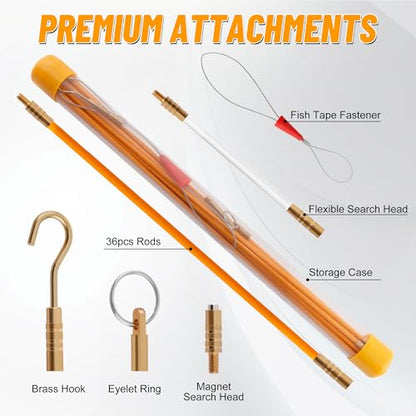 KOOTANS 50FT Fiberglass Running Electrical Wire Cable Glow Rods Wire Pulling Tools Fish Tape Wire Puller Through Wall Snake for Wires Cable Fishing Rod Kit with Different Attachments - color: 50FT