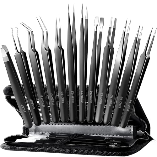 Antonki 12-in-1 Precision Metal Tweezers Set with Leather Case | High Quality, 1.5mm Thick, Strong Hardness, Rustproof, Anti-Static, Tips Cover, Complete Set, Portable Design - color: Precision Tweezers 12 Pack W/ Case - Full Black