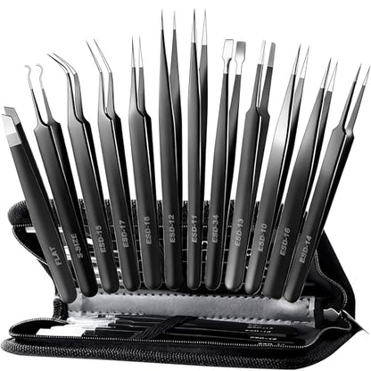 Antonki 12-in-1 Precision Metal Tweezers Set with Leather Case | High Quality, 1.5mm Thick, Strong Hardness, Rustproof, Anti-Static, Tips Cover, Complete Set, Portable Design - color: Precision Tweezers 12 Pack W/ Case - Full Black