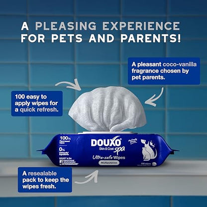 DOUXO SPA Dog Wipes for Paws, Butts, Tear Stains and Cleaning, 100 Wipes | Multi-Purpose for Coat and Paws, Leaves the Coat and Skin Refreshed, Skin-Friendly Formula, Can Also be Used for Cats