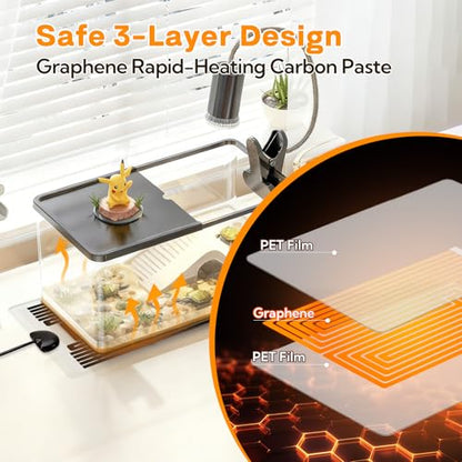 Reptile Heating Pad with Thermostat, 10-Level Adjustable Under Tank Heater, 6x11 Inch Graphene Heat Mat for Turtles Frogs Snakes Lizards Geckos Hermit Crabs Spiders, Safe & Even Warming