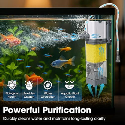 Aquarium Filter 10W for 10-40 Gallon, Internal System with Quiet 700L/h Pump, Submersible Aquarium Filter for Turtles, 10 Gallon Fish Tank Filter, Filtro para Pecera, Clean Water Setup