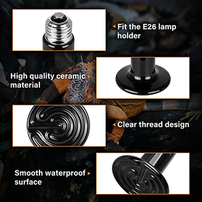 Simple Deluxe 25W Ceramic Heat Lamp, Reptile Heat Bulb Emitter, No Light Emitting Brooder Coop Heater for Amphibian Pet & Incubating Chicken, Black, 2 Pack - size: 25 Watts