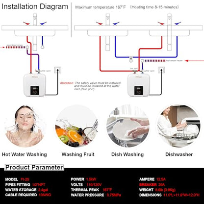 110V/115v/120V 1400-1500W Small Under Sink Tank 2.5 Gallon Water Heater Hot Storage，Mini Instant Electric RV TR Trailer Kitchen Compact Point-of-Use,2 PCs 16” Long 1/2”FIP Stainless Steel Hoses 9.5L