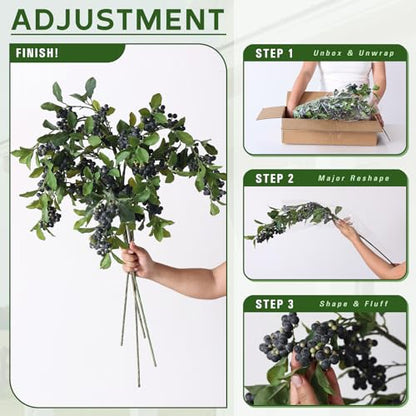 4Pcs 33"Artificial Blueberry Fruit Stems Berry Branch for Vase Decor(Blue) | Lifelike Blueberries Fruit Branch, Realistic Fake Flower Picks, for DIY Bouquet/Kitchen/Table Centerpiece/Shower/Home Decor