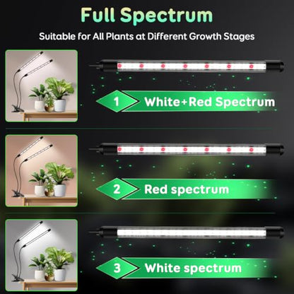 SDOVUERC Full Spectrum Grow Lights for Indoor Plants, Dual-Head Plant Lamps with Clips and 5 Dimmable Level and 6/12/18H Timer for Indoor Plant Growing. - size: 2 Heads
