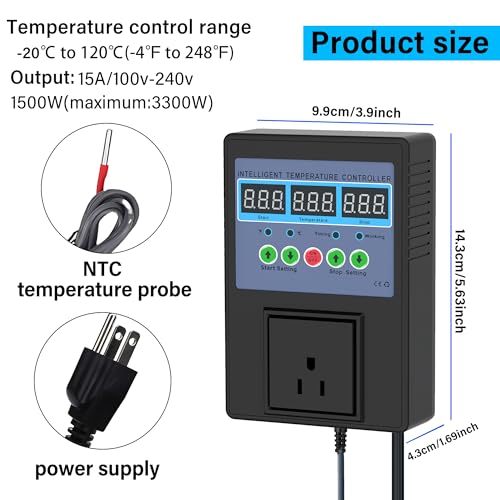 TempMaster Digital Temperature Controller,Heating & Cooling Thermostat | Dual Relay 15A 3300W,-20~120℉ Incubator Thermostat with Waterproof Probe,Temperature Control Switch for Reptile Tank - color: Black