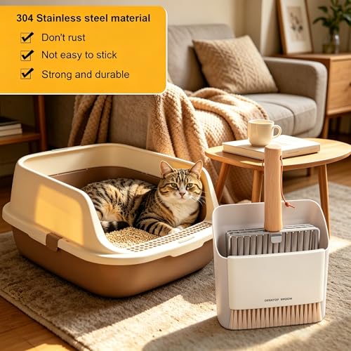 Cat Litter Scoop with Holder, Heavy Duty Stainless Steel Kitty Scooper | with Coarse and Fine Mesh, Includes Broom and Dustpan Set, Quick Sift and Easy Clean, Gray - color: Gray