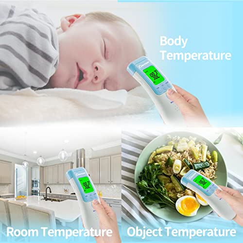 Berrcom Infrared Forehead Thermometer for Adults and Kids | Non-contact digital thermometer with fever alert, LCD, touchless for home, fast & accurate - color: Light Blue