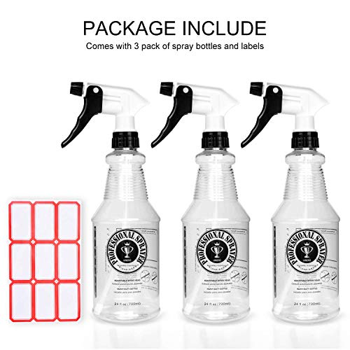 Plastic Spray Bottle 24 oz, 3-Pack for Cleaning, Car Detailing, Planting | Heavy-Duty Empty Sprayer Bottles, Leak-Proof, Better Trigger, Measurements, All-Purpose with Measurements & Adjustable Nozzle