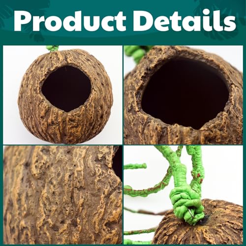 Resin Reptile Hide with Bendable Vine - Coconut Cave for Jumping Spiders, Tarantulas & Small Geckos - Terrarium Decor for Molting & Enrichment (3.4"x3.4"x7.9")