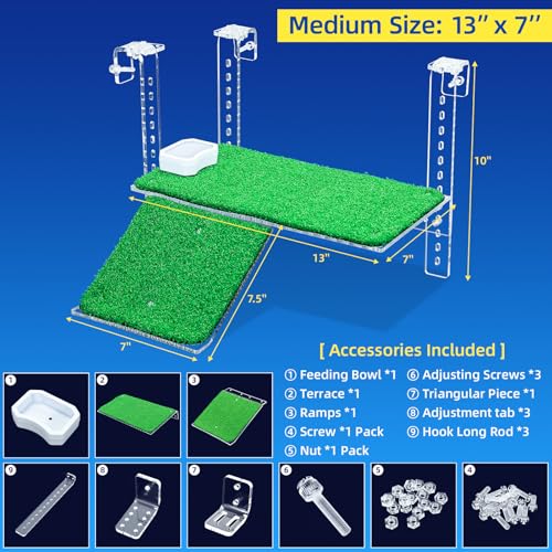 13" Turtle Basking Platform with Grass Ramp, Acrylic, Fits 0.31-2.11" Tanks | Adjustable non-slip grass ramp for aquatic turtles. Fits 0.31-2.11" thick rims. Thickened acrylic 11" large dock for basking - size: 13 Inch