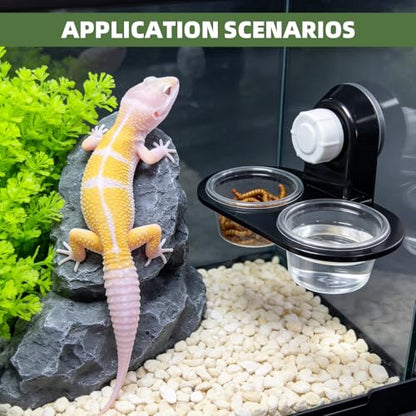 Black Gecko Feeding Ledge, Suction Station with Cups and Tweezer | Detachable suction feeder, 100 disposable cups and 1 tweezer for gecko, lizard, reptiles and amphibians