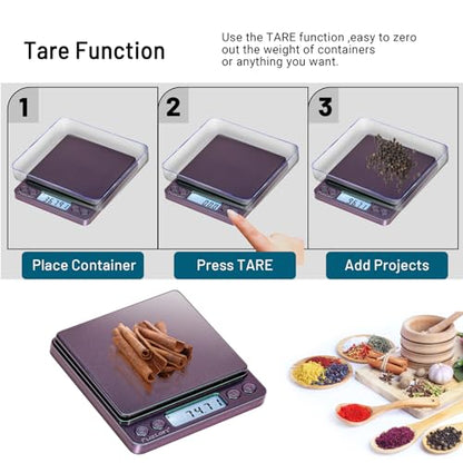 Fuzion Digital Scale .01 Gram Accuracy, 500g Small Kitchen Food Scales | 2 Trays Included for Jewelry, Gold, Herb, Powder, Spice, Coffee, Coin - Weight Gram and Oz - color: Ombré Purple-Green
