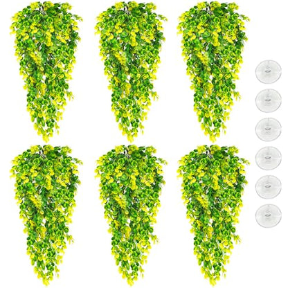 Hamiledyi 6 PCS Reptile Plants Hanging Terrarium Plants Artificial Leaves Habitat Decorations with Suction Cup Green and Yellow Fake Amphibian Plants for Bearded Dragon Lizard Geckos Chameleon - size: 6 PCS