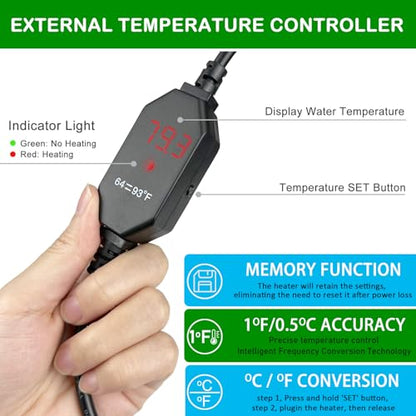 Small Submersible Aquarium Heater, Adjustable Mini Fish Tank Heater 25W 50W 100W 150W with External Temperature Controller, Digital Display, for 5/10/20/30 Gallons (150W)