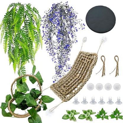 8PCS Bearded Dragon Hammock Reptile Basking Platform Rock Reptile Artificial Plants Leaves & Vines Lizard Habitat Decor Terrarium Tank Accessories for Hiding & Climbing Snake Gecko Bird Chameleon