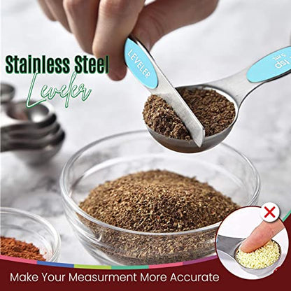 Magnetic Measuring Spoons Set of 9 Stainless Steel Dual-Sided Stackable Measuring Spoon Nesting Teaspoons Measuring Dry and Liquid Ingredients, Fits in Spice Jars Set of 9 (Blue Aqua Sky) - color: Blue (Aqua Sky)
