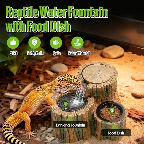 MIXJOY 2 in 1 Reptile Water Fountain with Food Dish 550ML, Reptile Waterfall Drinking Fountain with Adjustable Flow, Natural Resin, Reptile Water Dispenser for Bearded Dragon Gecko Lizard Chameleon