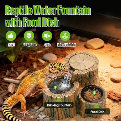 MIXJOY 2 in 1 Reptile Water Fountain with Food Dish 550ML, Reptile Waterfall Drinking Fountain with Adjustable Flow, Natural Resin, Reptile Water Dispenser for Bearded Dragon Gecko Lizard Chameleon