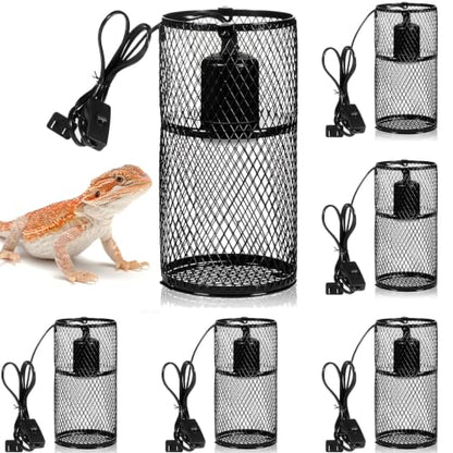 6 Pcs Reptile Heat Lamp Guard with 150W Ceramic Heat Emitter Basking Anti Scald Heating Lamp Holder Mesh Cage Reptile Protection Lampshade for Lizard Snake Without Bulb (4 Inch,Black,Black) - color: Black, Black
