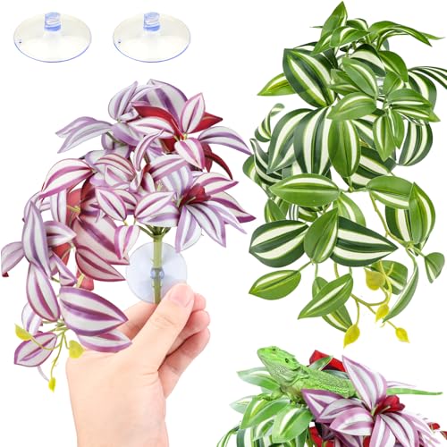 QUOZUO 2 Pack Reptile Plants, Artificial Hanging Plants with Suction Cups, Habitat Decor Plastic Vines Decorations for Bearded Dragons Lizards Snake Geckos Frogs -Purple and Green