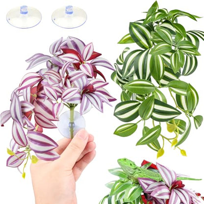 QUOZUO 2 Pack Reptile Plants, Artificial Hanging Plants with Suction Cups, Habitat Decor Plastic Vines Decorations for Bearded Dragons Lizards Snake Geckos Frogs -Purple and Green