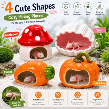 Ceramic Axolotl Hide Cave Hideout Tank Accessories Aquarium Decor for Pets | Hollow shaded resting spot、Weighted base, stays put、Fade-resistant glaze finish - size: Middle