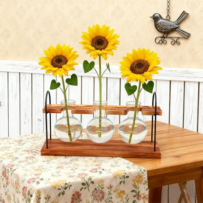 Plant Terrarium with Wooden Stand, Birthday Gift for Women Mom Plant Lover | Retro Glass Plant Propagation Station, Plant Pot Hydroponic, Unique Parent Gardening Gifts, Home Office Garden Decor Planter