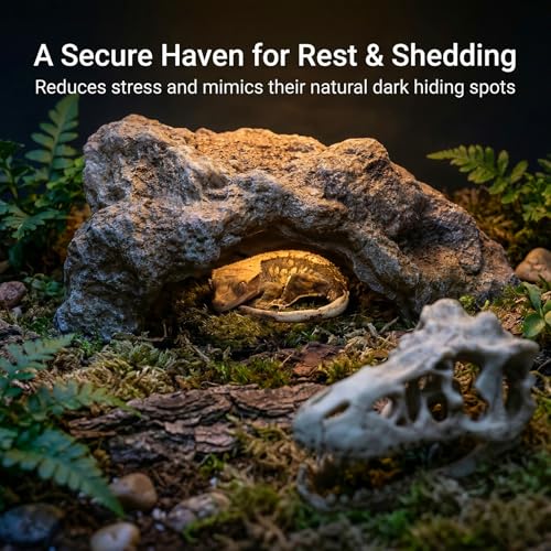 Anxingo Reptile Rock Reptile Cave Hideout for Snakes/Geckos/Lizards/Turtles and Other Amphibians, with Dinosaur Skull (Medium) - size: M