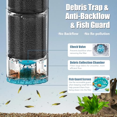 Submersible Aquarium Filter, Upgraded 50-150 Gallon Fish Tank Filter with Fish Guard, Internal Whisper Pump for Turtle Tank, Fresh/Saltwater, Debris Tray, Check Valve, 12-Inch