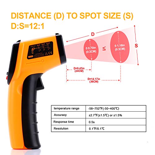 Digital Infrared Thermometer Tool Gun with Adjustable Emissivity Non-Contact Laser Temperature Gun with Max/Min Measure for Kitchen Cooking Industry Automobile -58°F ~ 752°F - color: Orange