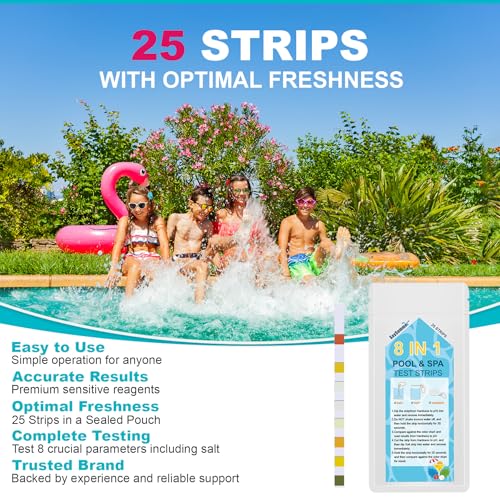 Salt-Water Pool Test Strips Kit: 25 Counts 8-in-1 for Salt Water Pool Testing Kit, Salt Pool Test Strips for Hot Tub Spa Testing Salt Chlorine pH and More - size: 25 Strips