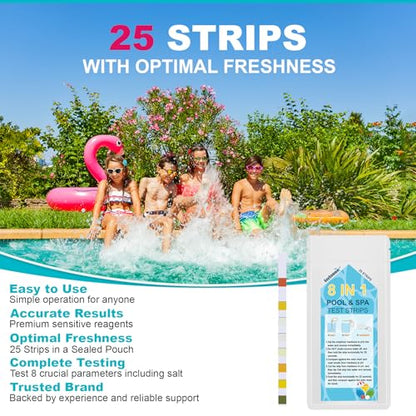 Salt-Water Pool Test Strips Kit: 25 Counts 8-in-1 for Salt Water Pool Testing Kit, Salt Pool Test Strips for Hot Tub Spa Testing Salt Chlorine pH and More - size: 25 Strips