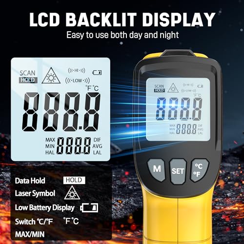 Infrared Thermometer Gun, Infrared Temperature Gun for Cooking, Laser Thermometer Gun -58℉~1076℉ with Adjustable Emissivity & Max/Min, Suitable for Industry, ovens, HVAC (Not for Human) - color: Yellow