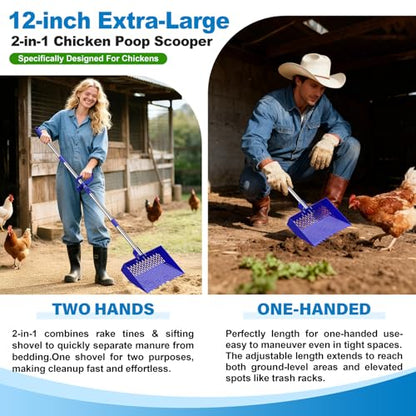 12-Inch 2-in-1 Chicken Poop Scooper & Rake, Chicken Coop Scoop with Adjustable Stainless Steel Handle （24–64"）, 3 Angles & 2 Sifting Holes, Litter Scoop Sand Sifting Shovel Pooper Scooper (Blue) - color: Blue