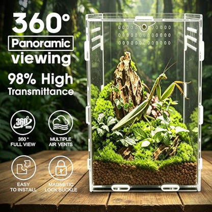 Jumping Spider Enclosure, Insect Terrarium, Bug Cage, Acrylic Terrarium for Tarantula, Snail, Praying Mantis, Frog, and Small Reptiles, Includes Tweezer and Bowl, (5.9" x 5.9" x 9.8") - size: 5.9" x 5.9" x 9.8"