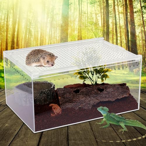 Reptile Terrarium, 12 x 8 x 6 Inch Acrylic Reptile Pet Breeding Cage with Magnetic Door, Multifunctional Clear Reptile Tank, Amphibians Feeding Box for Horned Frog, Scorpion, Spider, Snake