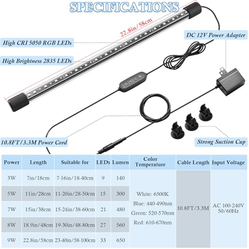 22.8in Submersible Aquarium LED Light, 24/7 Mode Aquarium Lights with Full Spectrum RGBW LEDs, IP68 Waterproof Fish Tank Light with Dimming, Timming and Color Adjustable - style: 22.8inch
