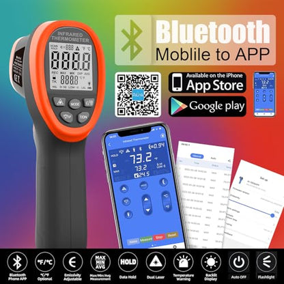 HOLDPEAK Non-Contact Infrared Thermometer with APP, High Temp Laser Temperature Gun (-58°F~2732°F), D:S=30:1, MAX/MIN/AVG/DIF, High/Low Temp Alarm, Backlight for Industrial & Home Use (NOT for Human)