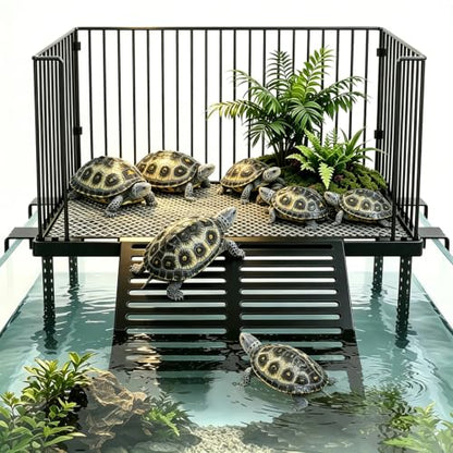 Turtle Basking Platform with Ramp, for 40-150 Gal Tank | Sliding hooks adjust water depth easily. Fits 22-24 inch rim. Rust-proof SS, non-slip ramp for safe climbing.