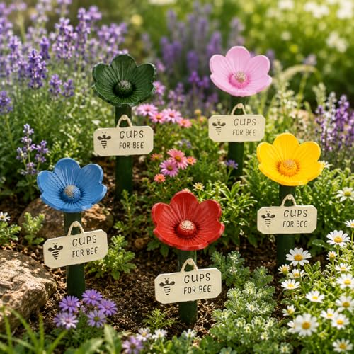 5 Set Bee Watering Station for Garden, Flower-Shaped Insect Drinking Cups with Stakes, Safe Water Feeder for Bees, Butterflies & Pollinators, Outdoor Yard Decor, Nature Lovers Gift