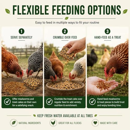 5LB Dried Mealworms + 175g Treat Cake for Chickens & Wild Birds | Dual-texture feeding combo, high-protein supplement, flexible feeding ways, compact storage packaging for flock daily care