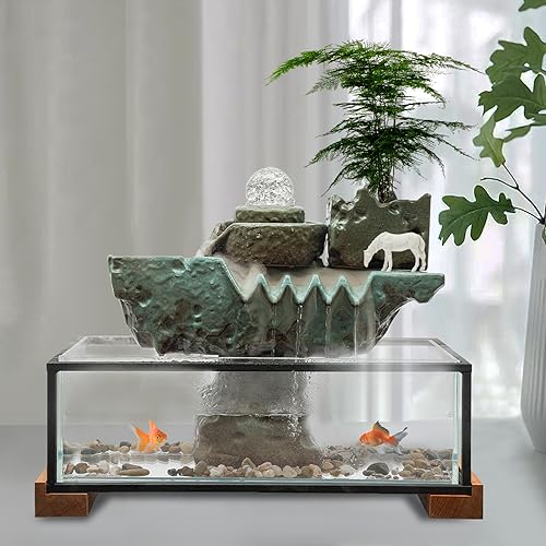 Desktop Water Fountains, Waterfall Fish Tank Indoor Water Fountain Tabletop with Pump & Atomizer, Rockery and Aquariums Water Fall Indoor for Corridor Hall Study Dining Room Bookstore