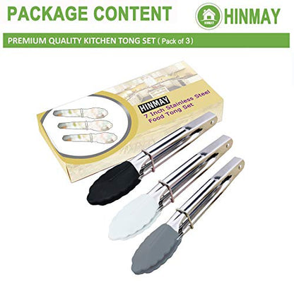 HINMAY 7-Inch Mini Tongs with Silicone Tips, Set of 3 (Black White Gray) | 7-Inch Small Serving Tongs - color: Black White Gray