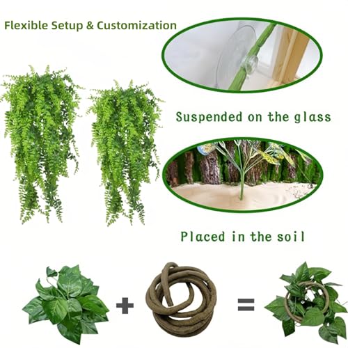 22PCS Bearded Dragon Tank Accessories Crawler Plant Climbing Kit with 2 Hammocks, 2 Flexible Vines, 20 Grape Leaves, Suction Cups & Artificial Plants – Lifelike Terrarium Decor for Gecko, Chameleon