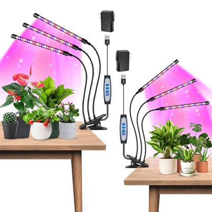 LED Grow Light, 2PCS 3 Heads Full Spectrum Plant Light with Clip | 6000K Plant Light, Timer 6/12/16Hrs, 3 Spectrums, 5 Dimmable Levels, Flexible Gooseneck - size: (2 Pack)3 Arms
