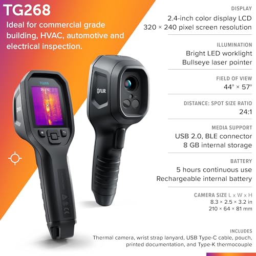 Flir TG268 Thermal Imaging Camera, 320x240 Spot IR, Bullseye Laser | 160x120 native IR, MSX, 640x480 visual, IP54, building/HVAC/electrical, strap, pouch - style: TG268